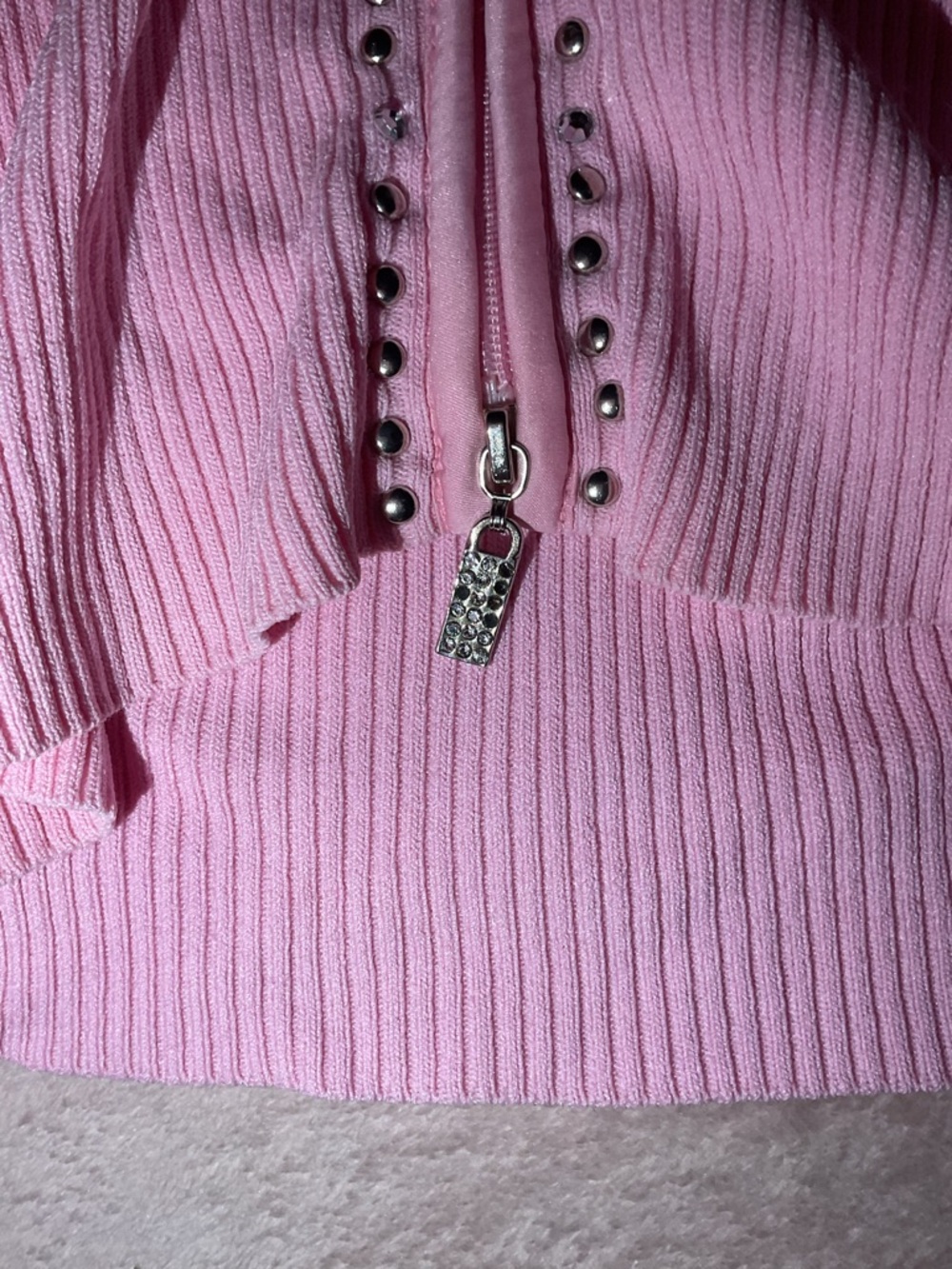 Cache Pink Ribbed Half-Zip Turtleneck with Rhinestone Pull